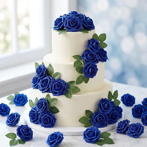 30Pcs Royal Blue Artificial Crystal Rose Artificial Flowers, Realistic Fake Crystal Roses for Wedding Center Decorations, Party Home Decorations, Valentine's Day, Bouquets. - color: 30pcs Royal Blue