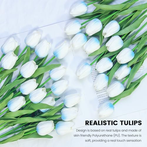 30 PCS Artificial Tulips Real Touch Tulips 13.5inch Long Stem Fake Flowers Silk Flowers for Spring Easter Mother's Day Decorations（White+Light Blue） - color: White+light Blue