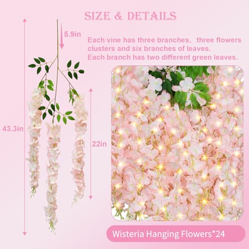 24 PCS Wisteria Hanging Flowers with Lights, 3.6ft Fake Vines Artificial Wisteria Garland Silk Flower String for Wedding Arch Garden Party Home Ceiling Wall Backdrop Tent Decoration (Light Pink) - color: Light Pink With Lights, size: 24 Pack