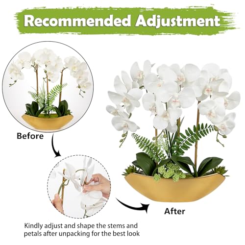 Briful Orchid Fake Flowers 18in White Artificial Orchid Silk Flowers in Gold Pot Faux Orchid Arrangement for Home Office Bathroom Dining Table Modern Decoration - color: White Gold