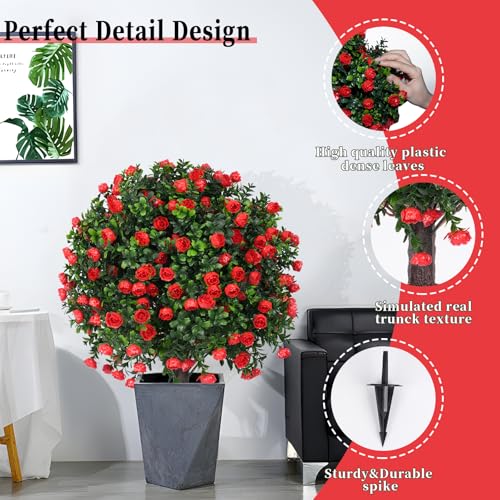 Artificial Boxwood Topiary Ball Trees with Red Rose, 2 Set of 16'' UV Resistant Fake Evergreen Shrubs Bushes Plants with Ground Spike Fake Plants for Outdoor Indoor Front Porch Garden - color: Red Rose