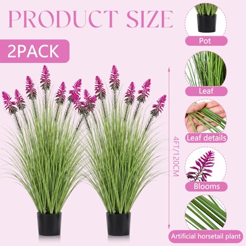 Jexine 2 Pieces 4 ft Artificial Tall Grass Plants Outdoor with Plum Cockscomb Flower Tall Artificial Grass Green Onions Plant Potted for Housewarming Gift House Garden Lobby Outdoor - color: Plum Cockscomb Flower