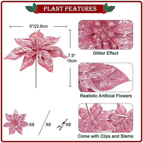 Briful 9'' Christmas Poinsettia Flowers 8PCS Pink Glitter Artificial Flowers Large Christmas Ornament Flowers for Xmas Tree Wreath Garland Decoration - color: Pink
