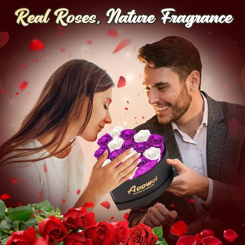 ADDWel Preserved Roses Bouquet for Her Anniversary, Birthday Flower Gifts for Women, 16-Pieces Eternal Roses with Natural Fragrance in Heart-Shape Box for Wife Girlfriend Mom - color: Purple & White - 16 Roses