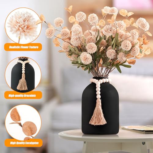 20''H Fake Flowers in Large Vase for Centerpiece Table Decorations with 10Pcs Fake Mums Flowers Eucalyptus Stems Faux Pompon Kiku Flowers Arrangement for Home Decor (Beige/Black Vase) - color: Beige/Black Vase