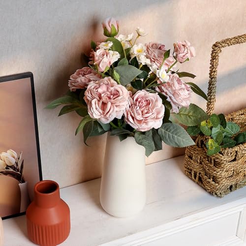 Fake Flowers in Ceramic Vase, Artificial Pink Flower Bouquet with Vase Floral Arrangements for Mantel Dining Table Coffee Table Centerpieces - Dusty Pink - color: Dusty Pink