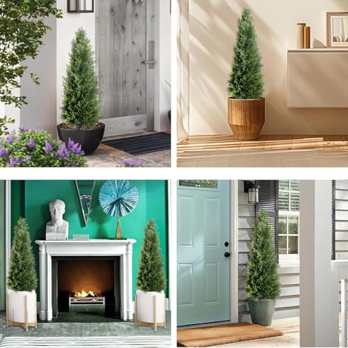 Artificial Cedar Trees with Ground Stakes, 3 Feet Tall, UV-Resistant Faux Cypress Plants for Indoor Outdoor Garden, Green, 2 Pack