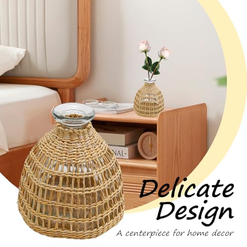 Flower Vases with Rattan Cover, Straw Woven Glass Vase, Rattan Woven Vase Decorative, Glass Flower Vase, Boho Glass Flower Vase, Vase for Home Flower Arrangement Table Decoration, 5.3''X3.5'',D Style - size: 5.3IN