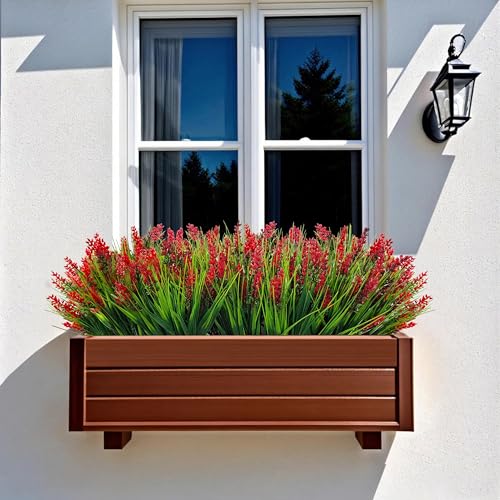 12 Bundles Artificial Plants Outdoor Fake Monkey Grass, UV Resistant Faux Plants Outdoor Red Artificial Flowers,Fake Flowers Outside Plants for Front Porch Yard Pathway Garden Summer Décor (red) - color: Red