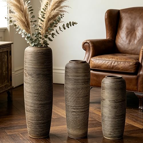 23.6 Inch Rustic Ceramic Large Floor Vase, Ribbed Textured Rustic Farmhouse Vase for Pampas Grass, Living Room & Entryway Décor, Handmade Ceramic Accent - size: 23.6 Inch