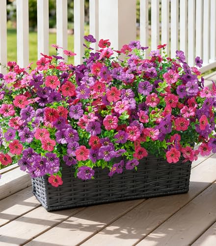Ivydale Artificial Flowers for Outdoor 24 Bundles Fake Mums with Eucalyptus Leaves UV Resistant Silk Faux Daisy Flower Plant for Outside Home Porch Patio Window Box, Purple Rose Mixed - color: Purple Rose Mixed