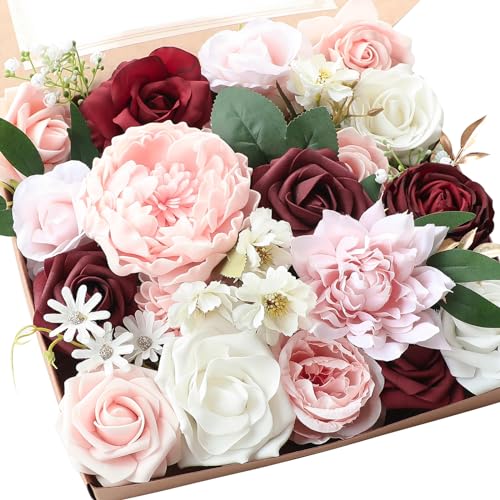 Floroom Blush Burgundy Artificial Flowers Dark Red Fake Roses Peonies Dahlia and Greenery Combo Box Set for DIY Wedding Bouquets Bridal Shower Centerpieces Floral Arrangements Party Tables Decorations - color: Blushing Burgundy