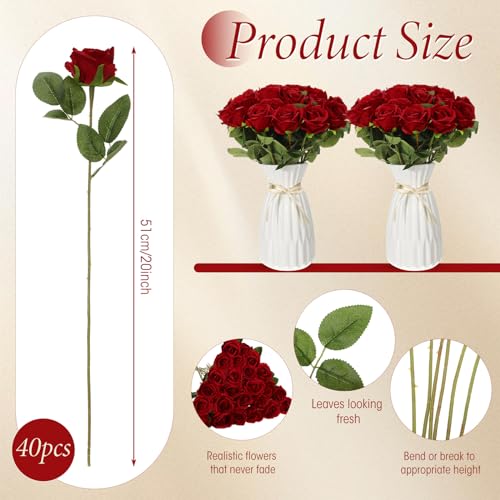 Hotop 40 Pcs Rose Artificial Flowers Bulk with Long Stem,Realistic Silk Fake Roses Bouquet for Home Wedding Centerpieces Party Table Decoration Valentines Gifts(Wine Red) - color: Wine Red