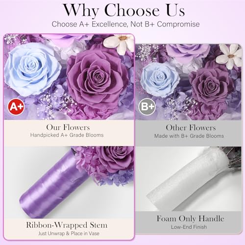 Preserved Flowers Bouquet with Bear, 3 Real Forever Flowers for Delivery, Long-Lasting Purple Eteranl Roses Bouquet, Anniversary Birthday Gifts for Women Mom Her Girlfriend Wife - color: Purple
