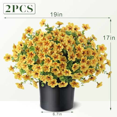 2 Set of Artificial Morning Glory & Eucalyptus Topiary Trees - Faux Silk Flower Potted Plants, UV-Resistant Fake Outdoor Morning Glory Bushes for Front Door, Yard, Farmhouse, Garden Decor (Yellow) - color: Yellow