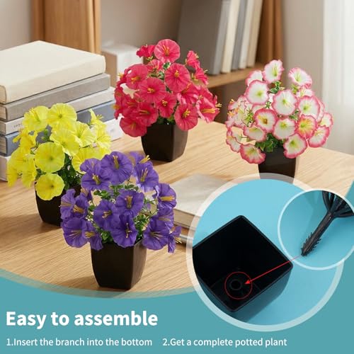 LOYWREE 4 Pack Small Faux Plants Spring Artificial Flowers Fake Plants Indoor Bathroom Accessories for Home Room Office Desk Decor(Black Square Pot) - color: Morning Glory-black Pot, size: Black Pot