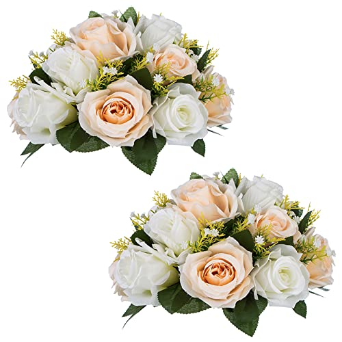 NUPTIO Flower Balls Table Centerpieces: Peachy Champagne & White Fake Rose | Artificial Floral Bouquet Arrangement 2 Pcs 9.5 inch for Wedding Bridal Shower Party Decorations - color: Peachy Champagne & White, size: 2 Pcs