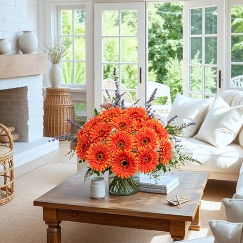 20 Pcs Fake Silk Gerbera Daisy Artificial Flowers with Stems Faux Daisies Flower Bulk for DIY Art Crafts Home Wedding Party Vase Centerpieces Tables Garland Wreath Decoration (Orange) - color: Orange