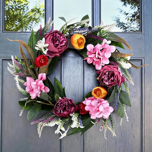 Garvee Spring Wreaths for Front Door Set, 18" Artificial Spring Summer Wreath with 2 Matching Flower Bouquets, Peony Tulip Hydrangea Floral Wreath, Farmhouse Front Door Decor for Indoor Outdoor