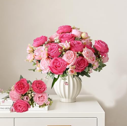peonies artificial flowers 12 Bundles pink flowers bouquet, Lifelike Silk Fake Peonies with Stems for Home Table Centerpieces, Wedding, Party & DIY Bridal Floral Arrangements (Rose red + pink) - color: Rose Red + Pink