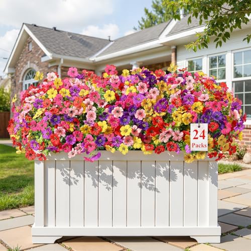 Alupssuc 24 Bundles Artificial Flowers for Outdoors Decoration, UV Resistant Silk Faux Floral Spring Fake Plastic Plants Greenery for Outside Indoor Patio Porch Window Box Home Decor, Mix 6 Colors - color: Red Rose Purple Deeppurple Yellow Pink