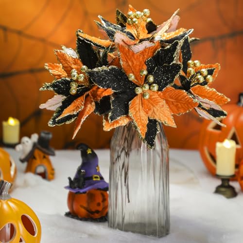 Giegxin 8 Pcs 8'' Halloween Black Orange Flowers Poinsettia Flowers Halloween Artificial Poinsettia Stems Velvet Black Orange Ornaments Fold Floral for Holiday Party Decorations - color: Black Orange