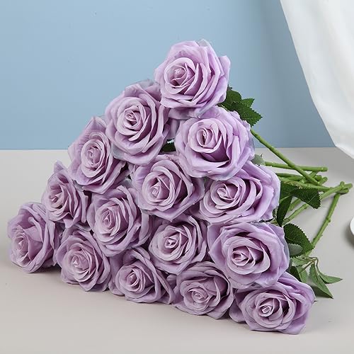 15pcs Fake Roses Artificial Silk Flowers Faux Rose Flower Long Stems Bouquet for Arrangement Wedding Centerpiece Party Home Kitchen Decor - color: Lilac