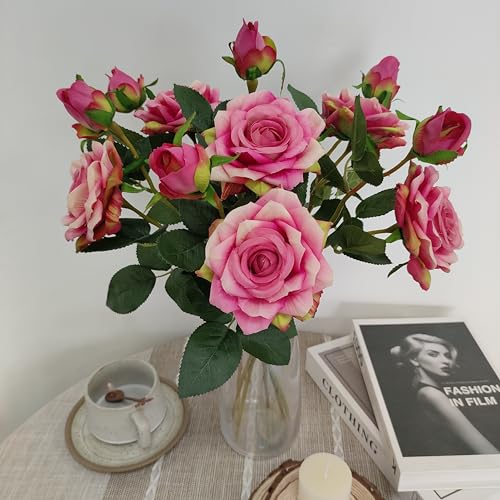ATFL Pink and Purple Fake Roses Flowers, 6 Pcs Faux Silk Real Touch Moisturizing Artificial Rose Flowers for Decoration DIY Wedding Party Home Office Decoration and Dining Table Centerpiece - color: Pink and Purple
