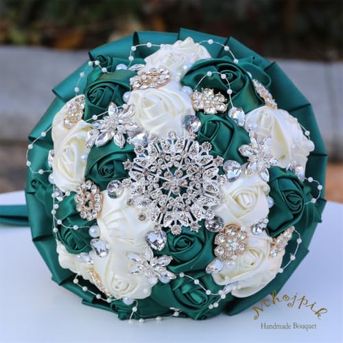 7.5" Dark Green & Ivory Bridal Wedding Bouquet Round Holding Bouquet Throw Toss Artificial Rose Flower Bunch for Bride Bridesmaid Wedding Quinceanera - color: Dark Green & Ivory, size: Small (Dia. 7.5"/19cm)