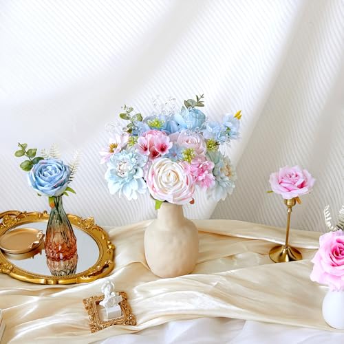 Artificial Flowers Combo Box Set Baby Blue Pink Silk Roses with Stems Crystal DIY Pastel Rainbow Bridal Wedding Bouquets Cake Fake Floral Arrangements Baby Shower Party Table Centerpieces Home Decor - color: Baby Blue, Pastel Pink