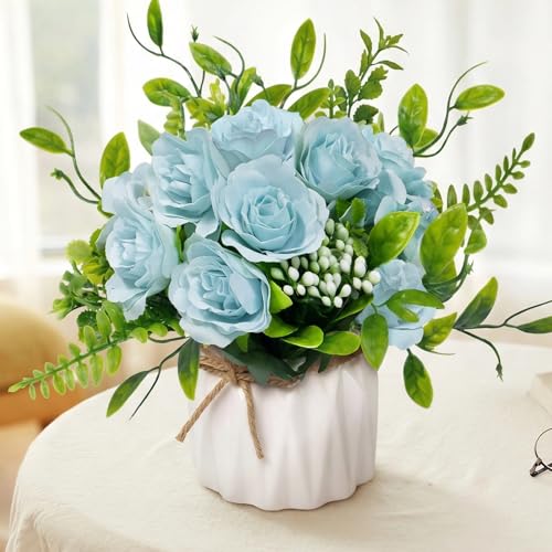Blue Artificial Silk Roses with Ceramic Vase, No Maintenance Faux Flower Arrangement, 6.3 Inch Realistic Table Decor for Home Office Wedding - color: Blue
