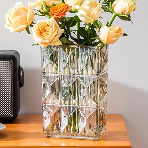 Amber Crystal Flower Vase Heavyweight Glass Centerpiece Warm Vintage Vases for Living Room Boho Home Decor Securely Packaged 5.1x3.11x7.88 in 1 Pc - color: Clear Amber