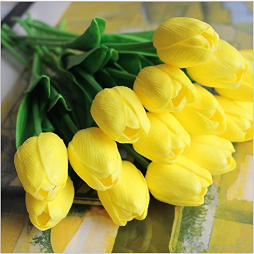 Artificial Tulips 10Pcs Real Touch Fake Tulips PU Flower Arrangement Bouquets for Home Party Decoration (Yellow) - color: Yellow