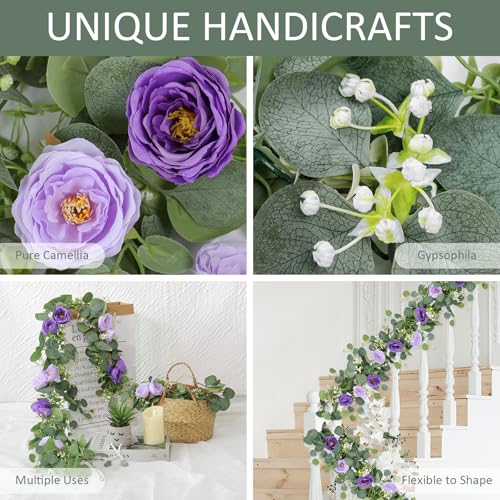 TOCHGREEN 4 Pack Artificial Eucalyptus Flower Garland with Purple Roses, Fake Rose Flower Greenery Garland Floral Vines for Wedding Home Party Table Runner Decor (Purple, 4PCS) - color: Purple, size: 4PCS