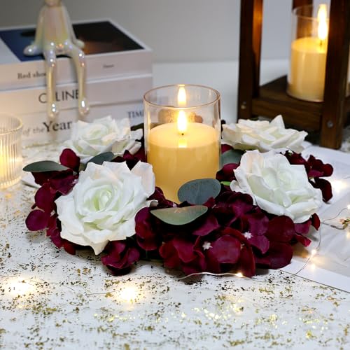 Artificial Flower Candle Rings - 6 Inch Inner Rose Floral Wreaths for Wedding Bridal Event Table Centerpieces Backdrop Decorations (Burgundy & White, 6 X Candle Rings) - color: Burgundy & White, size: 6 X Floral Wreaths