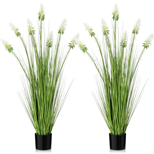Jexine 2 Pieces 4 ft Artificial Tall Grass Plants Outdoor with White Cockscomb Flower Tall Artificial Grass Green Onions Plant Potted for Housewarming Gift House Garden Lobby Outdoor - color: White Cockscomb Flower