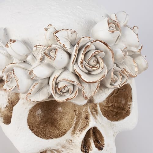 Primitives by Kathy Floral Skull Figurine - Romantic Halloween Resin Skull with Floral Crown and Metallic Bronze Accents