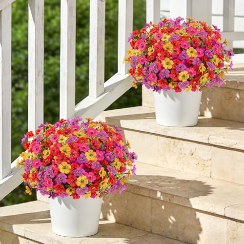 Artificial Flowers Faux Plants for Outdoor, 12 Bundles Realistic Silk Artificial Daisy with Eucalyptus, UV Resistant Fake Flower Plants for Outside Front Porch Garden Patio Decor (Mix-4 Colors) - color: Mix-4 Colors