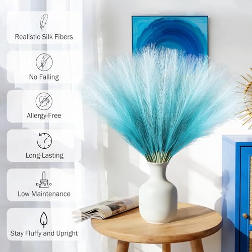 TORONTOKYO Light Blue Pampas Grass Decor, 50Pcs 21.6 inch Artificial Short Faux Pompas Grass, Boho Neutral Home Decor Bouquet for Floor Vase, Wedding, Party, Farmhouse, Bedroom Decor (Sky Blue) - color: Sky Blue, size: 21.6inch-50Pcs