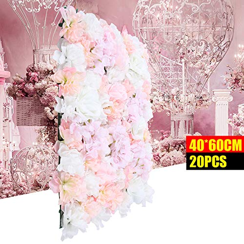 Pink Flower Wall Panels, 20 Pcs Artificial Rose Flower Backdrop Flower Panels for Backdrop Floral Wall Panels for Wedding Party Decoration 16 x 24 - color: 20pcs Pink White