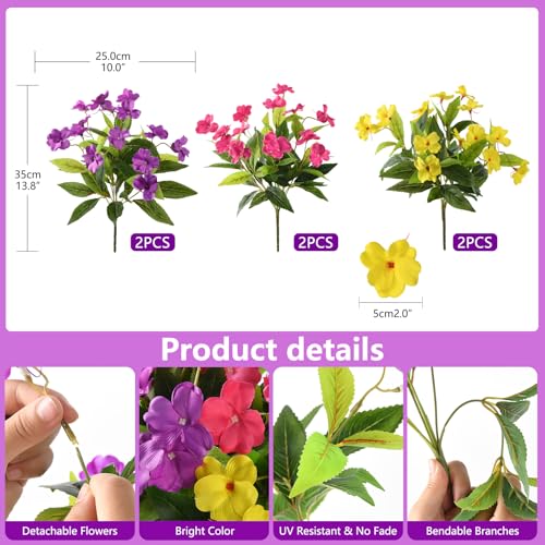 Hommyea Artificial Fake Flowers for Outdoor, 6 Bundles UV Resistant Faux Plants Decoration Silk Flowers No Fade Plastic Flowers for Outside Planters Home Porch Patio Yard Garden Decor - color: Rose Purple Yellow
