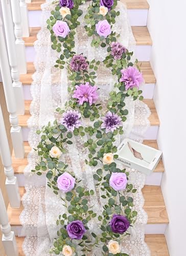 Waipfaru 8.85Ft Flower Garland, Eucalyptus Greenery Garland with Flowers, Rose Floral Vines for Wedding Table Runner Spring Summer Backdrop Decor (Purple) - color: Purple-8.85ft, size: 1 Pack