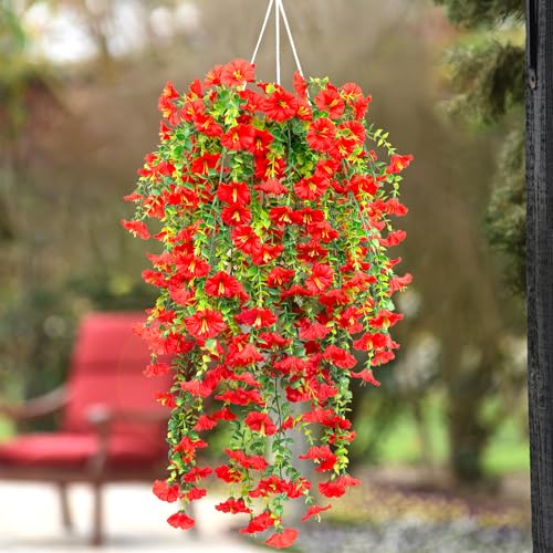4 Pack Artificial Faux Hanging Flowers Plant for Outdoor, Fake Silk Morning Glory with Eucalyptus UV Resistant Realistic Trailing Vine for Wall Home Porch Patio Balcony Yard Indoor Decor, Red - color: Red