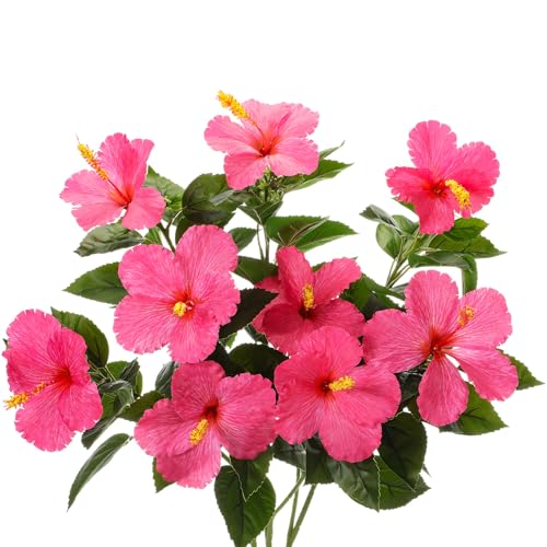 Hotop 3 Pack Artificial Hibiscus Flowers 33"x13" Silk & Plastic Tropical Bouquets Lifelike Blooms with Bendable Stems Faux Hawaiian Flowers for Home Living Room Wedding Patio (Rose Red) - color: Rose Red
