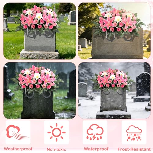 Cemetery Flower Saddle - Grave Flowers for Cemetery,Artificial Rose, Lily & Orchid Arrangement for Headstone - All-Weather Grave Decor for Outdoor Tombstone Headstone Decorations (Pink) - color: Pink