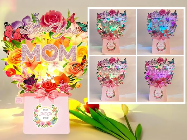 Birthday Card for MOM, LIGHTS & MUSIC Mothers Birthday Pop Up Card, Rose Lily Orchid and Butterflies, 10 Inch Life Sized Forever Flower Bouquet Mother’s Day Cards from Daughter, Son, Husband, Gifts Cards for Mom Wife Grandma - size: MOM