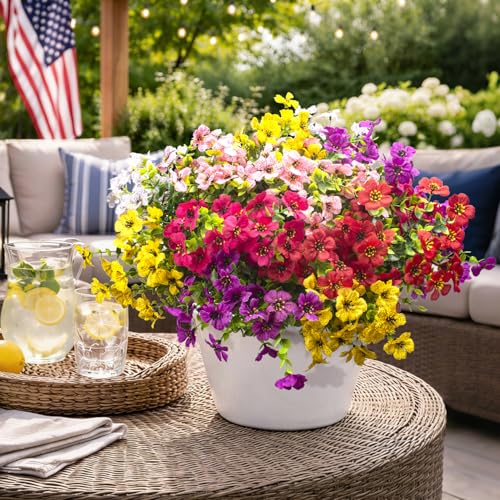 Grunyia 20 Bundles Artificial Flowers for Outdoors, UV Resistant Fake Plants Flowers Greenery Shrubs Plants for Decoration Outside Plants Hanging Planter Home Garden Decor (Mix（6 Color）) - color: Mix（6 Color）