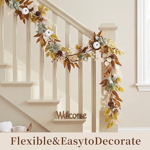 6FT Fall Garland with Cream Pumpkins, Neutral Autumn Garland with Pinecones Berries Leaves, Farmhouse Thanksgiving Decorations for Fireplace Mantel, Doorway, Staircase, Table Centerpiece - size: 6FT-BT-White