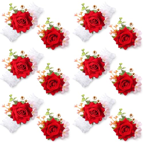 Sherr Red Set of 12 Rose Wrist Corsages for Wedding Corsage Flower Wristlet Floral Wedding Wrist Bridal Rose Leaf Hand Flowers for Bride Bridesmaid Prom Engagement Festival - color: Red