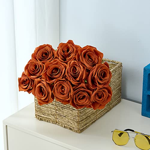 15pcs Burnt Orange Fake Roses Artificial Silk Flowers Faux Rose Flower Long Stems Bouquet for Arrangement Wedding Centerpiece Party Home Kitchen Decor(VASE NOT Included) - color: 15pcs Burnt Orange